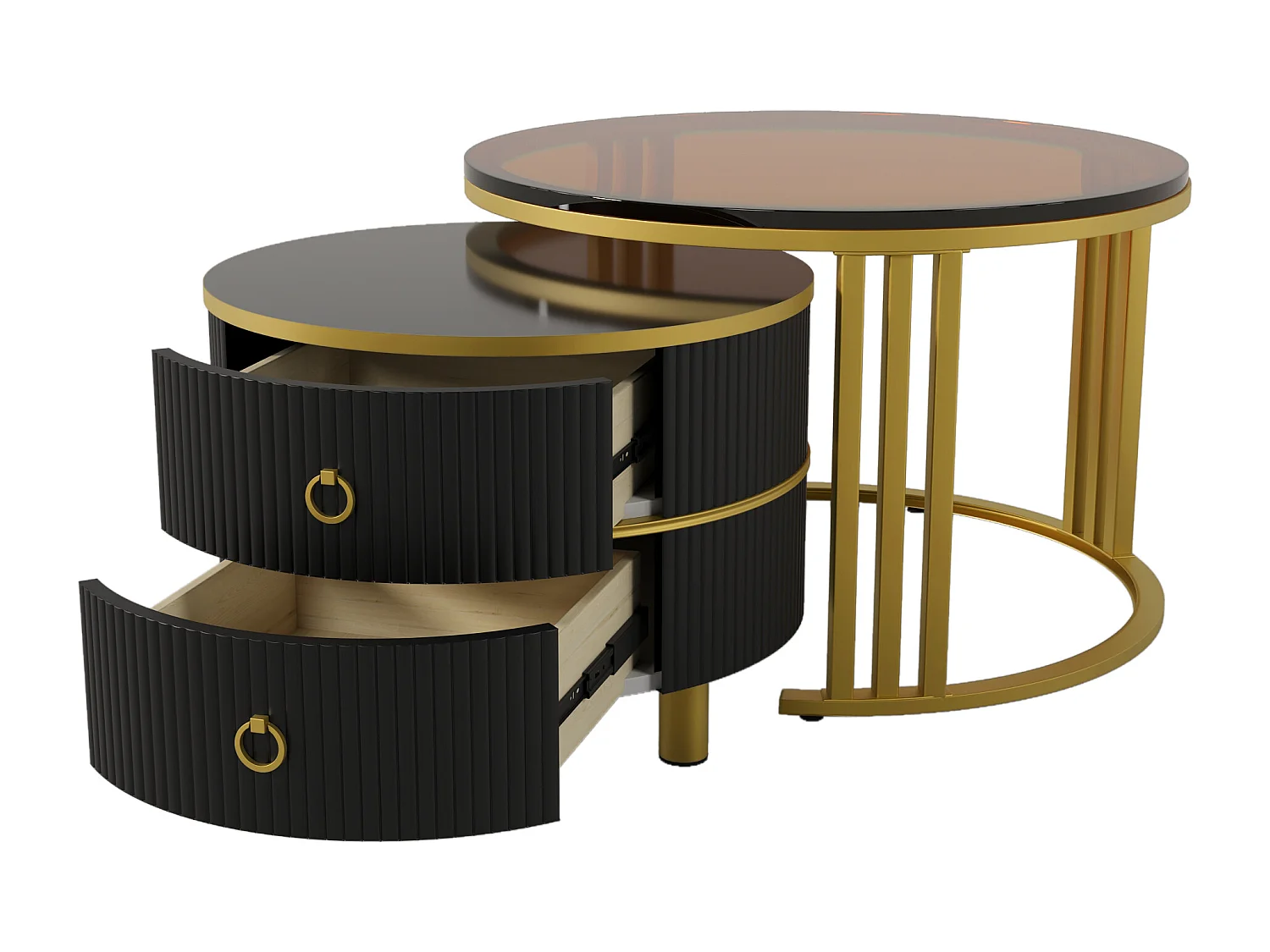 Lot de 2 tables basses rondes 70x70x45 cm et 50x50x40 cm, 2 tiroirs, gigogne, MDF et verre, noir