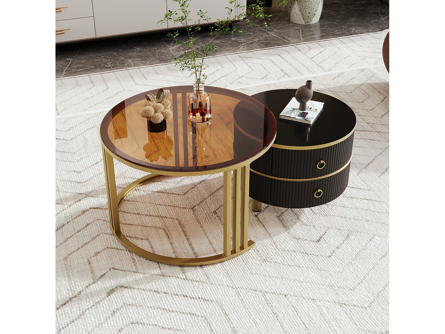 Lot de 2 tables basses rondes 70x70x45 cm et 50x50x40 cm, 2 tiroirs, gigogne, MDF et verre, noir