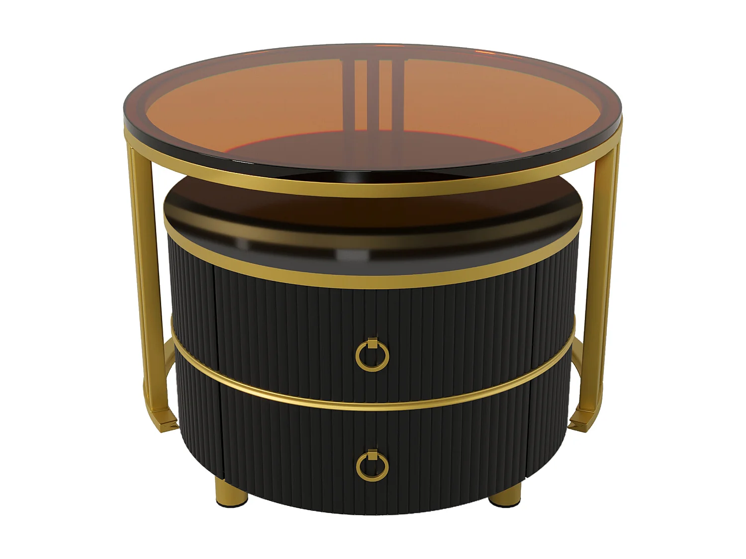 Lot de 2 tables basses rondes 70x70x45 cm et 50x50x40 cm, 2 tiroirs, gigogne, MDF et verre, noir