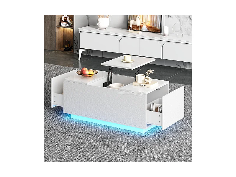 Salontafel 95x48x40 cm lift verstelbaar uitschuifbaar LED 2 laden multifunctioneel wit moderne woonkamer