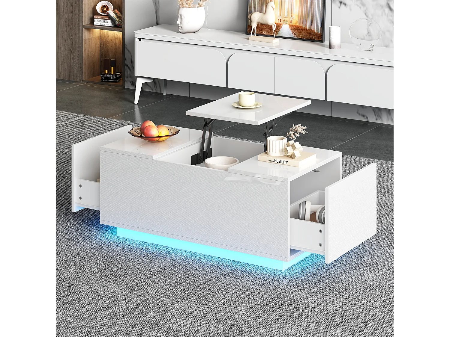 Table basse 95x48x40 cm lift réglable extensible LED 2 tiroirs multifonction blanc salon contemporain