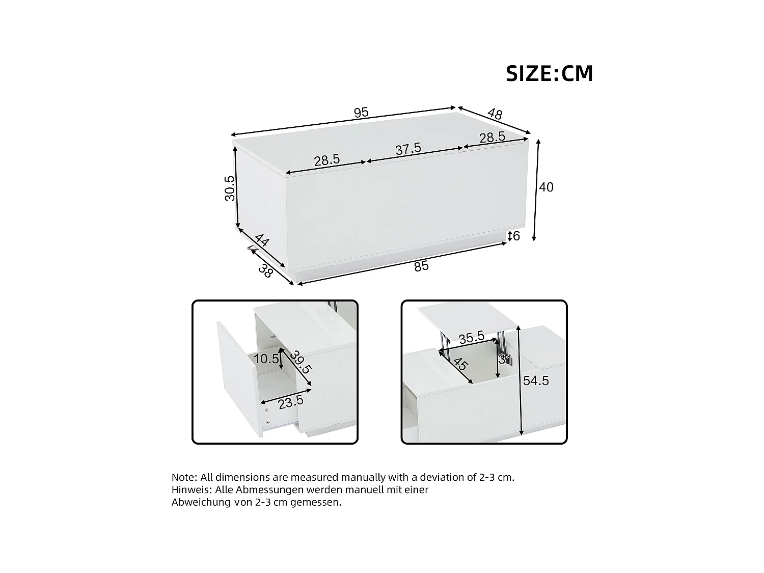 Table basse 95x48x40 cm lift réglable extensible LED 2 tiroirs multifonction blanc salon contemporain