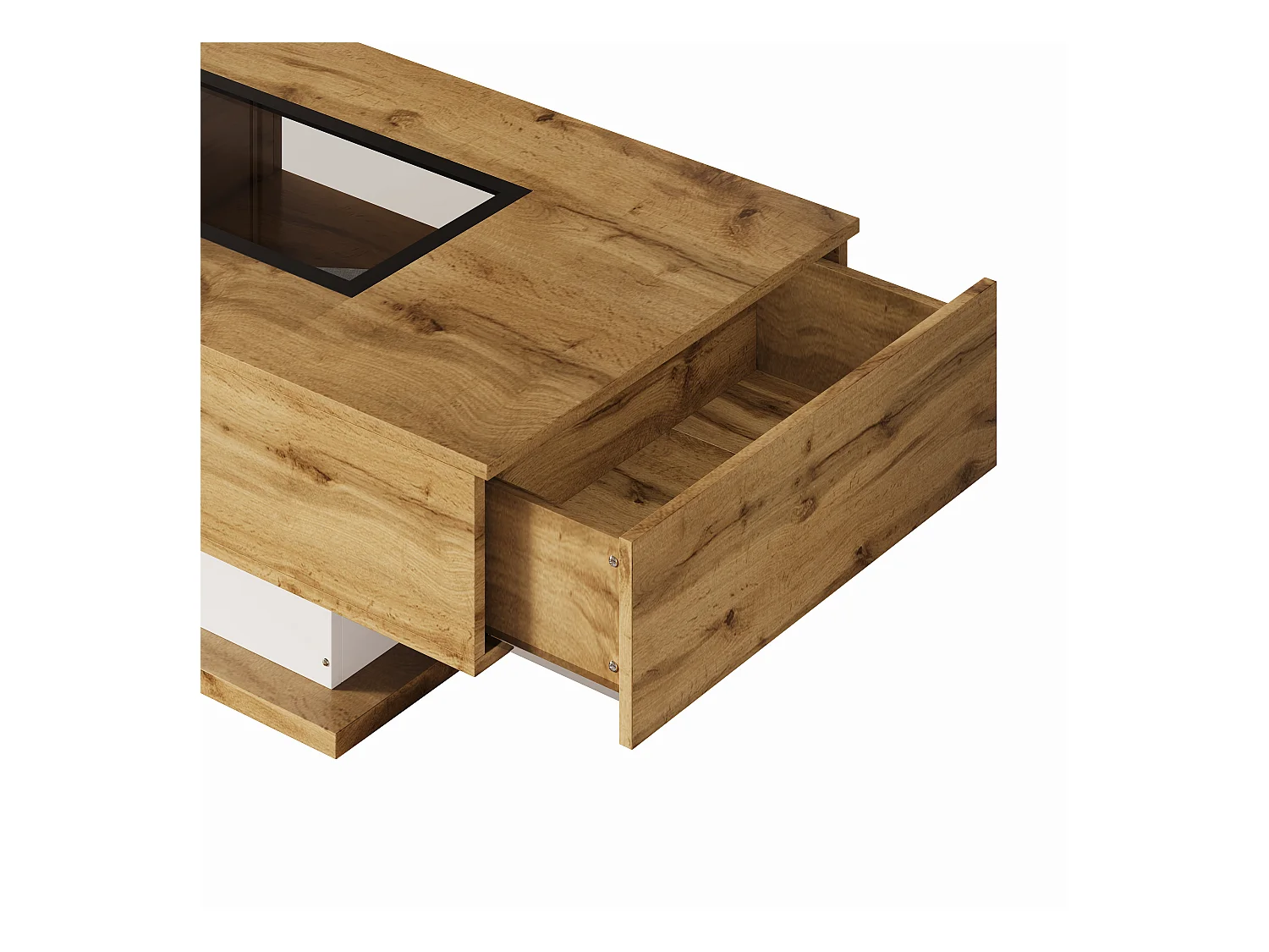 Table basse 110.2x60x39.7 cm avec deux tiroirs et lumières LED panneaux de particules en Couleur naturelle pour salon