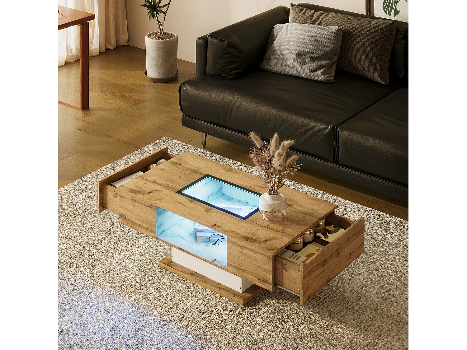 Table basse 110.2x60x39.7 cm avec deux tiroirs et lumières LED panneaux de particules en Couleur naturelle pour salon