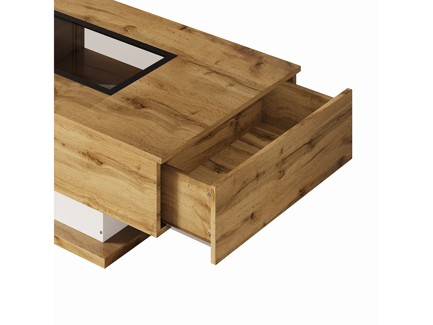 Table basse 110.2x60x39.7 cm avec deux tiroirs et lumières LED panneaux de particules en Couleur naturelle pour salon