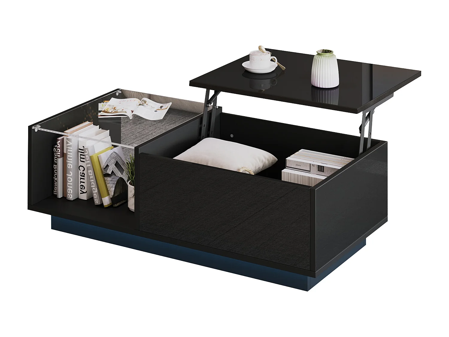 Table basse multifonctionnelle 100x55x33cm finition brillante verre trempé éclairage contrôlable par application panneaux de particules noirs