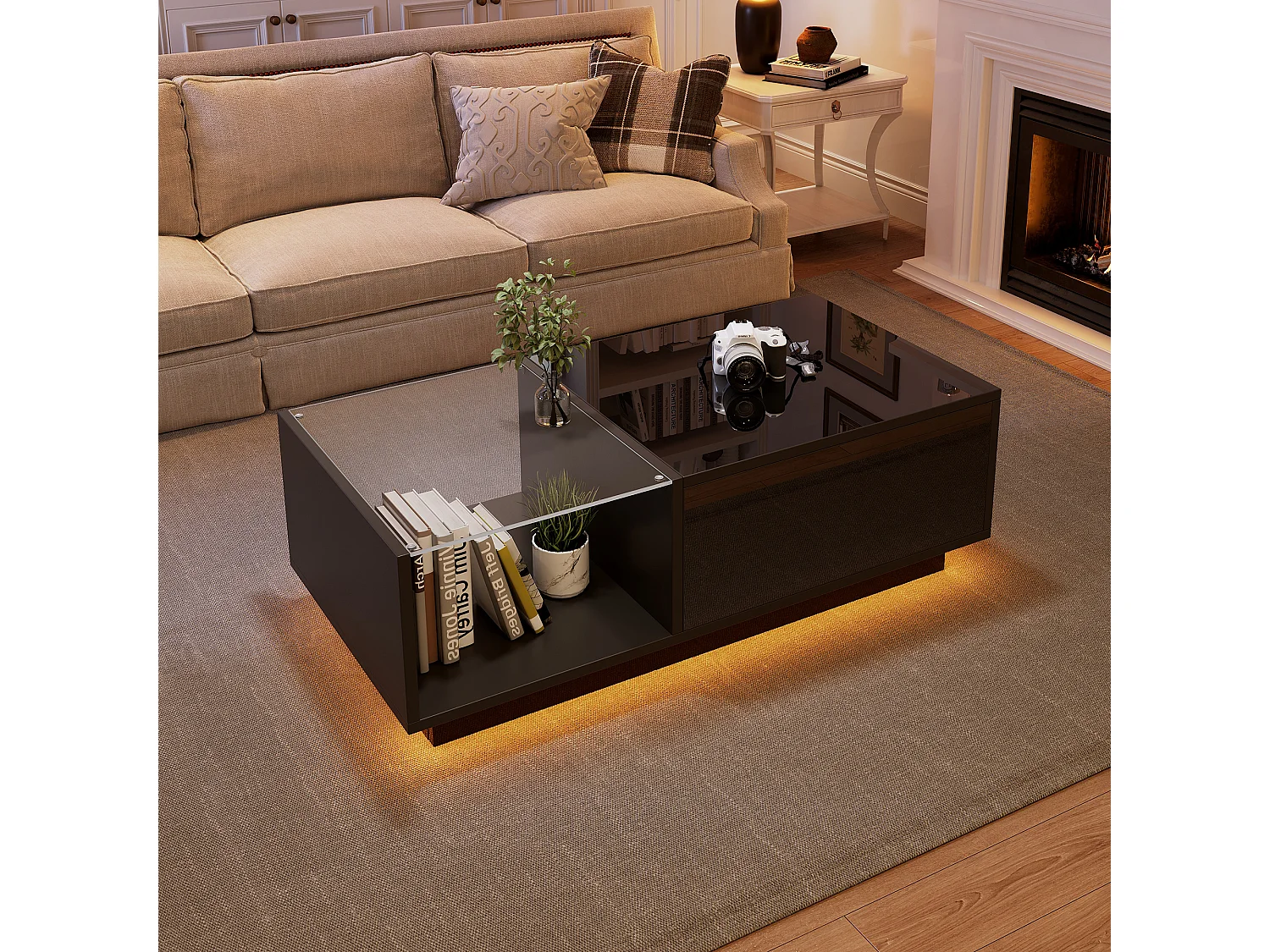 Table basse multifonctionnelle 100x55x33cm finition brillante verre trempé éclairage contrôlable par application panneaux de particules noirs