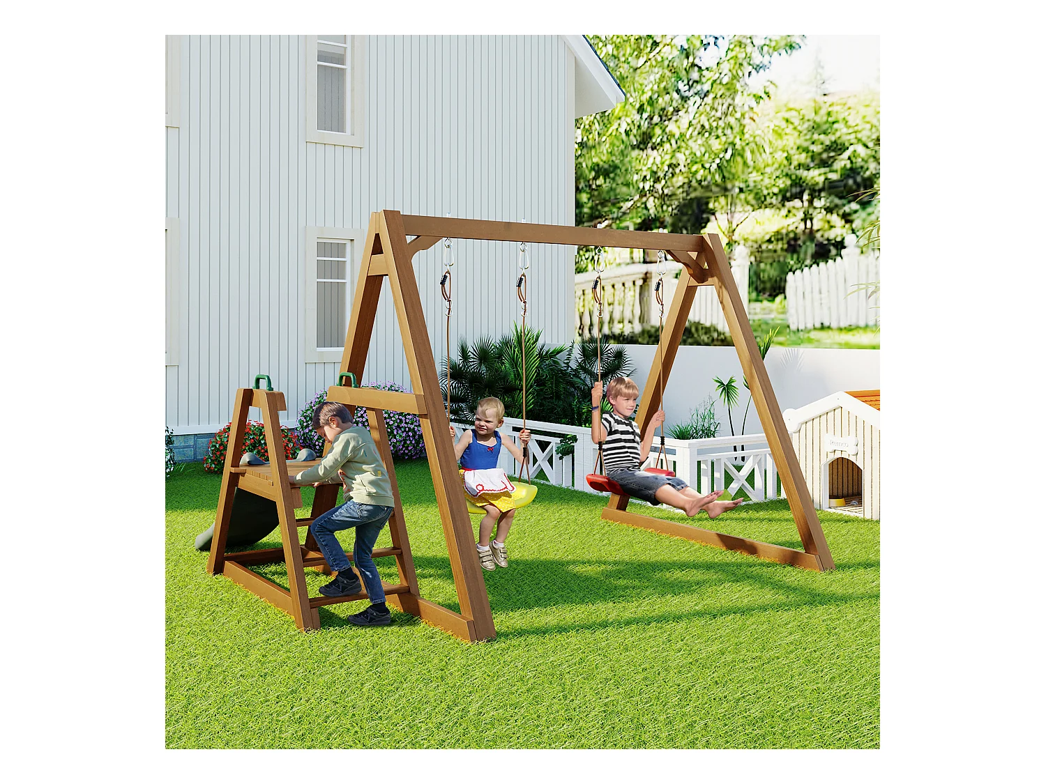 Balançoire 240x238.5x168.8cm Échelle Balançoire en Bois 2 Sièges de Balançoire 1 Toboggan Matériel Bois Couleur Naturelle