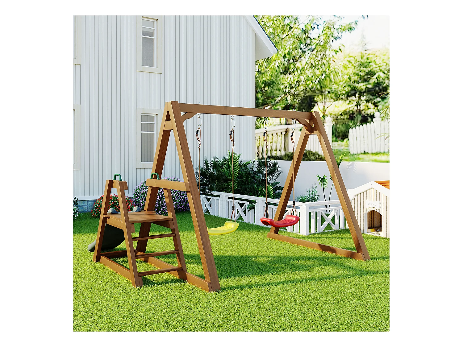 Balançoire 240x238.5x168.8cm Échelle Balançoire en Bois 2 Sièges de Balançoire 1 Toboggan Matériel Bois Couleur Naturelle