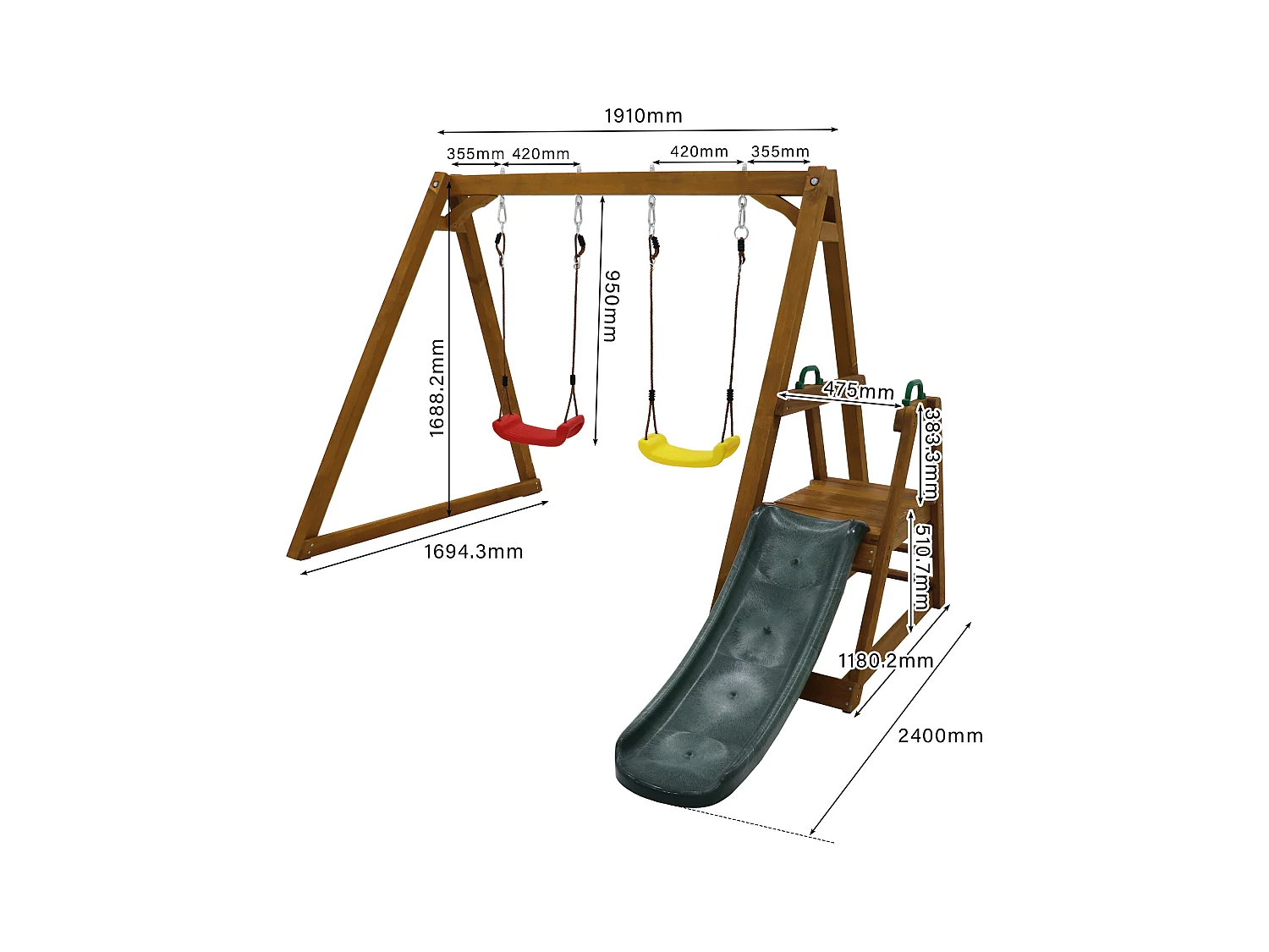 Balançoire 240x238.5x168.8cm Échelle Balançoire en Bois 2 Sièges de Balançoire 1 Toboggan Matériel Bois Couleur Naturelle