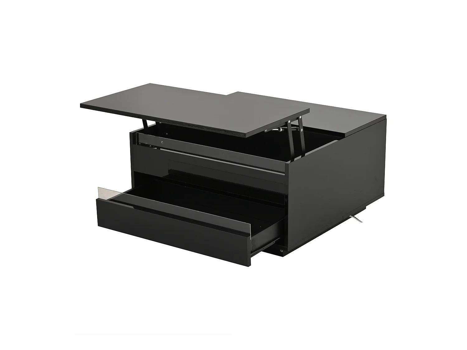 Table basse 70x70x38 cm relevable LED tiroir intégré rangement dissimulé portes rabattables noir salon appartement