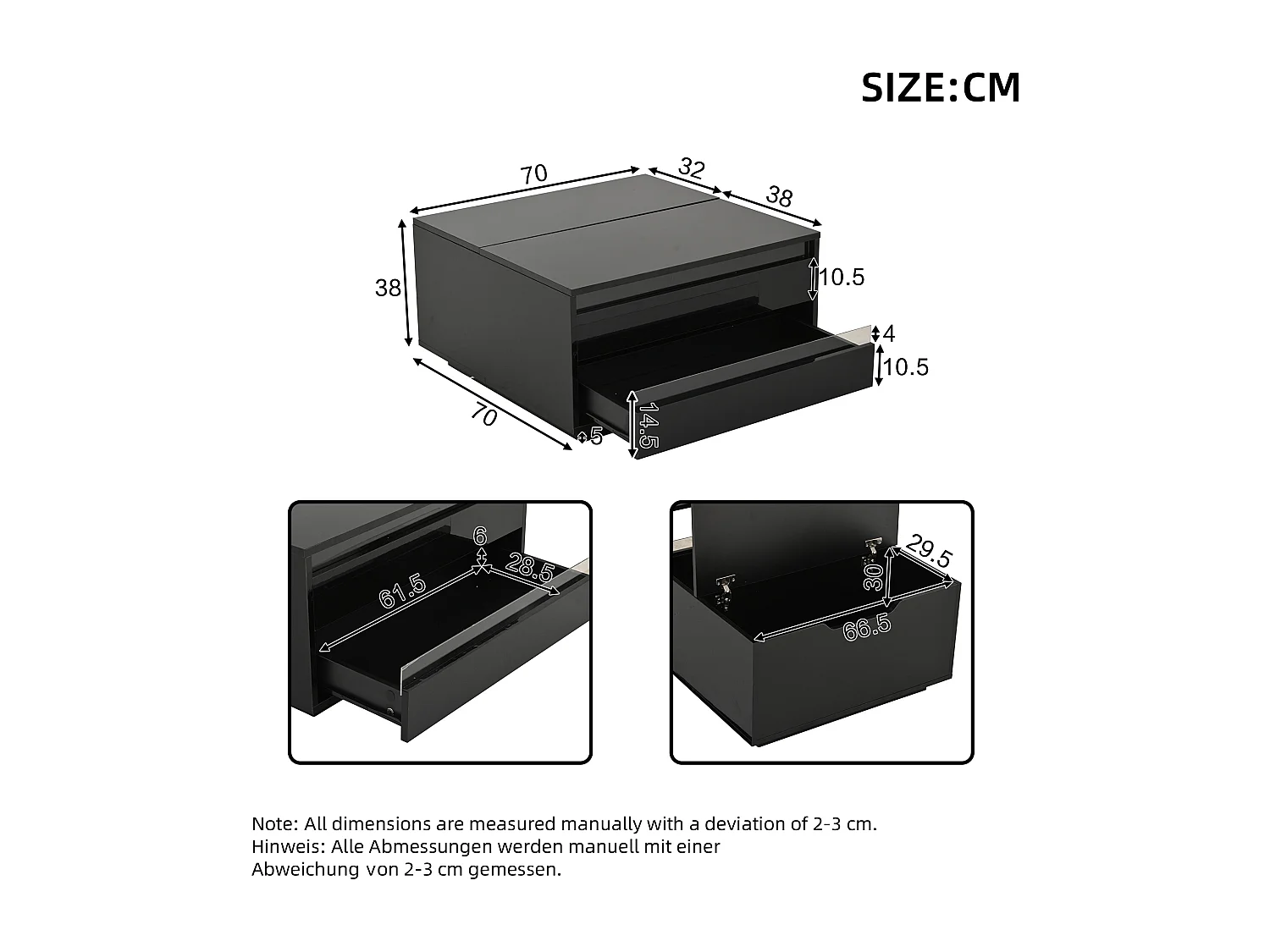 Salontafel 70x70x38 cm hefbaar LED geïntegreerde lade verborgen opbergruimte vouwdeuren zwart woonkamer appartement