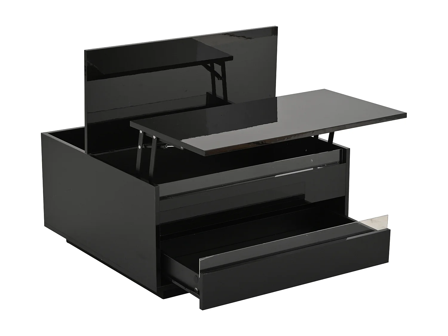 Salontafel 70x70x38 cm hefbaar LED geïntegreerde lade verborgen opbergruimte vouwdeuren zwart woonkamer appartement