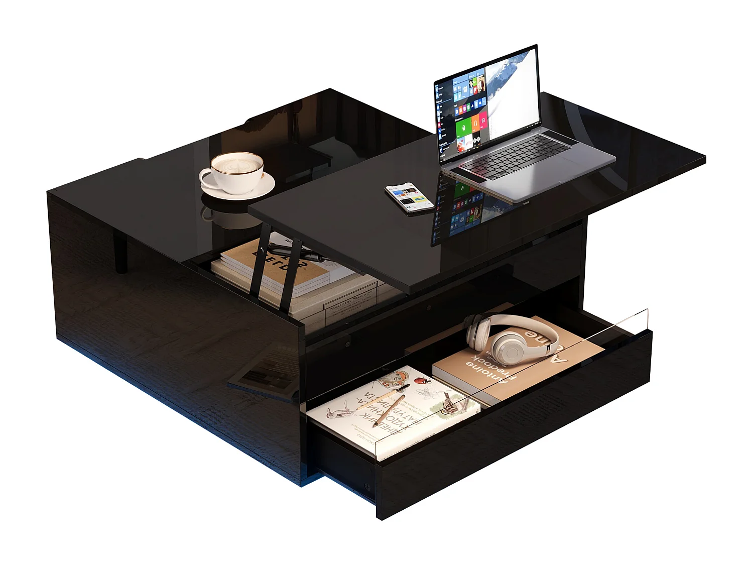 Table basse 70x70x38 cm, plateau relevable, éclairage LED, rangement caché et 1 tiroir, panneaux de particules et acrylique, noir