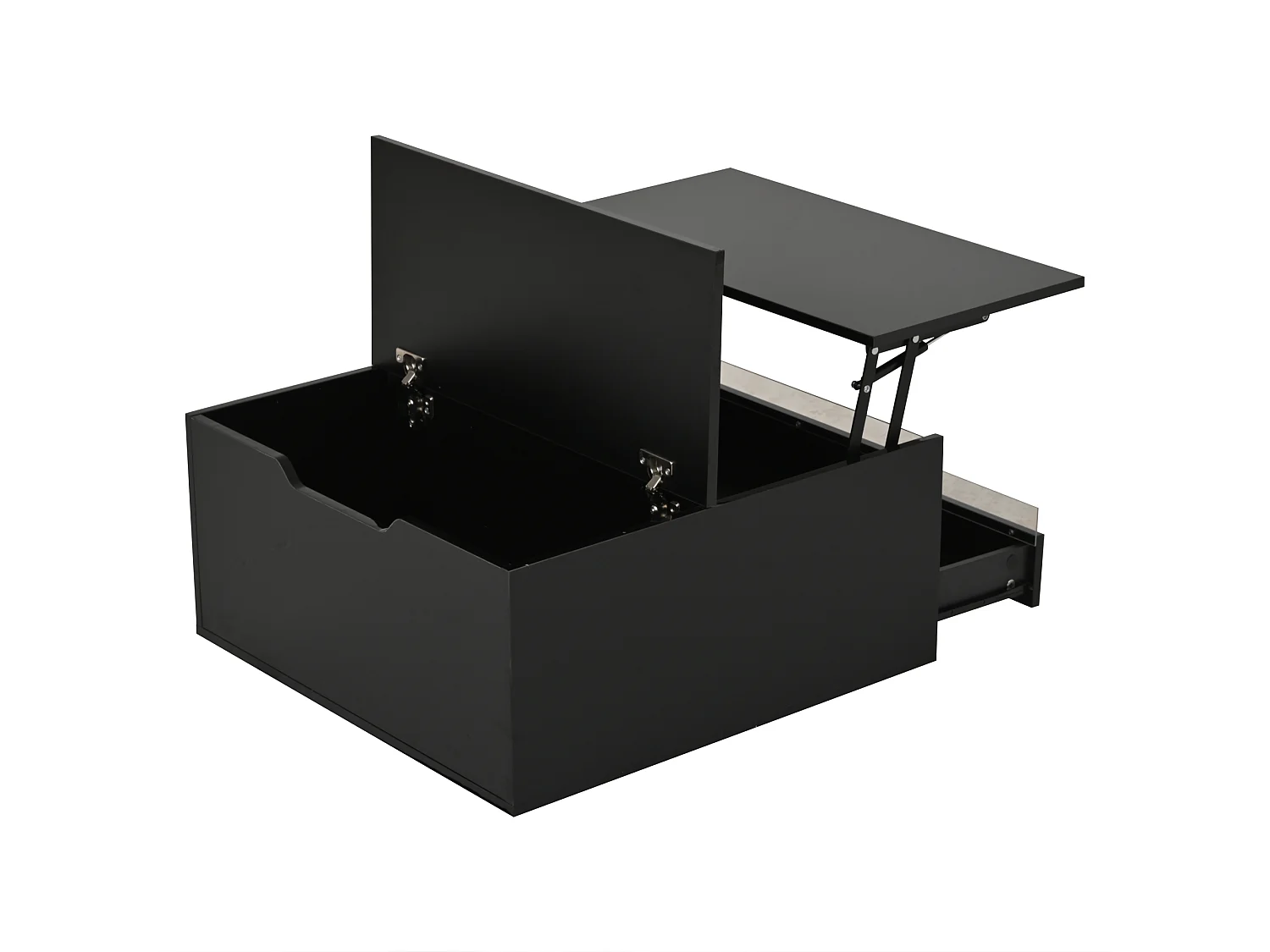 Table basse 70x70x38 cm, plateau relevable, éclairage LED, rangement caché et 1 tiroir, panneaux de particules et acrylique, noir