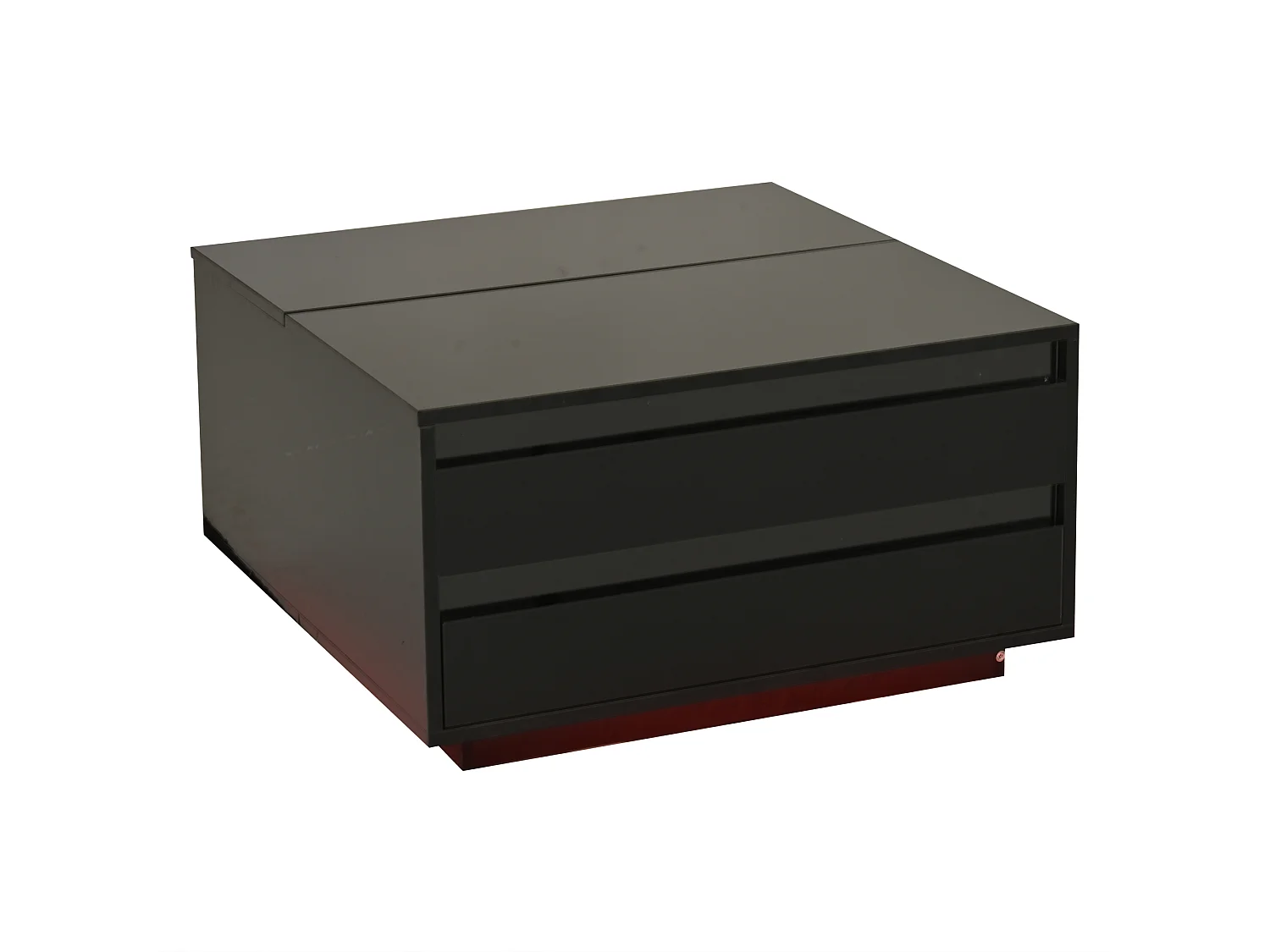 Table basse 70x70x38 cm, plateau relevable, éclairage LED, rangement caché et 1 tiroir, panneaux de particules et acrylique, noir