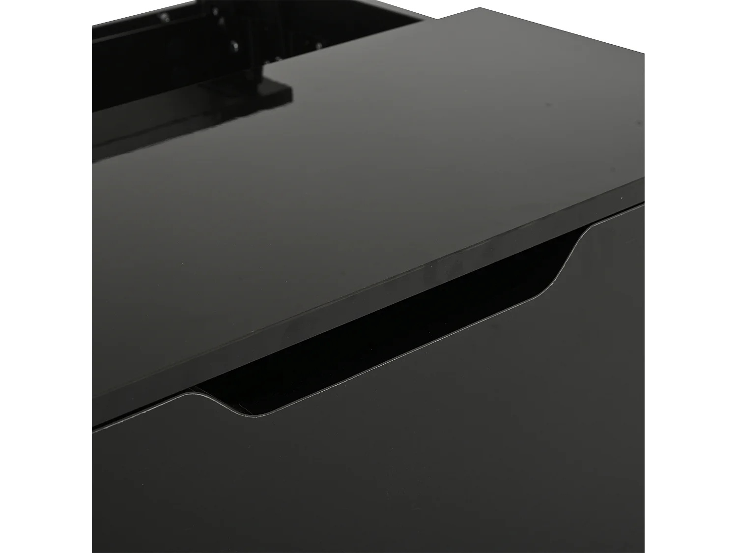 Table basse 70x70x38 cm, plateau relevable, éclairage LED, rangement caché et 1 tiroir, panneaux de particules et acrylique, noir