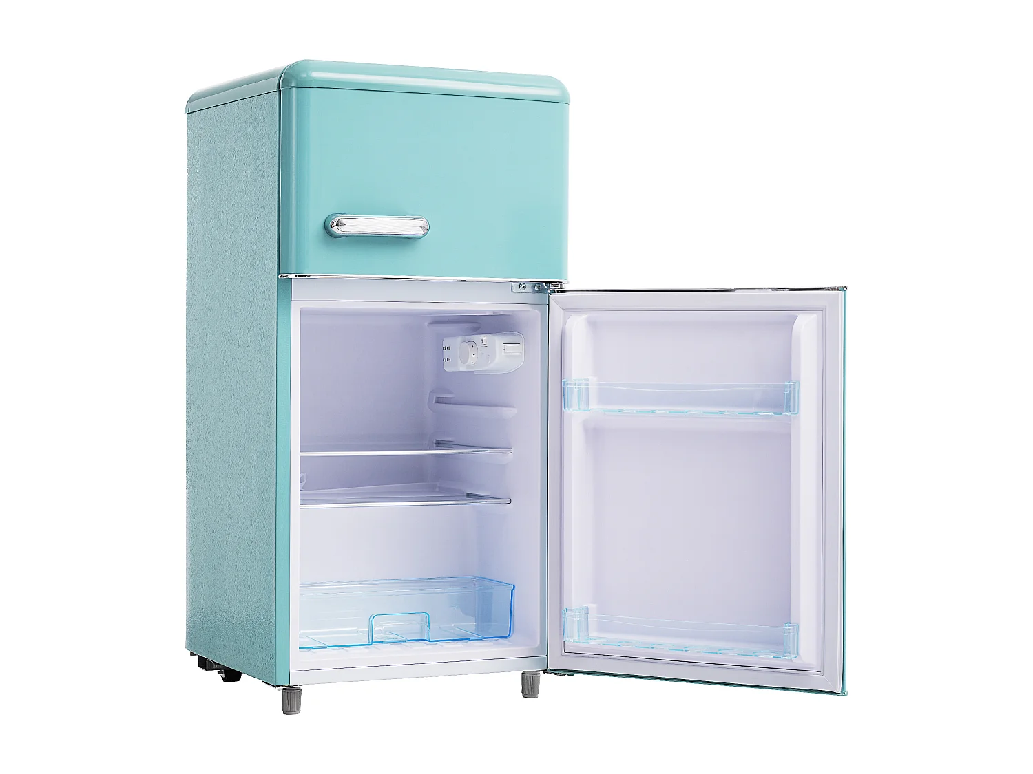 Réfrigérateur 46x45x91cm 2 Portes 72L Total 21L Congélateur LED Espace de rangement Matériel Iron et Cyan