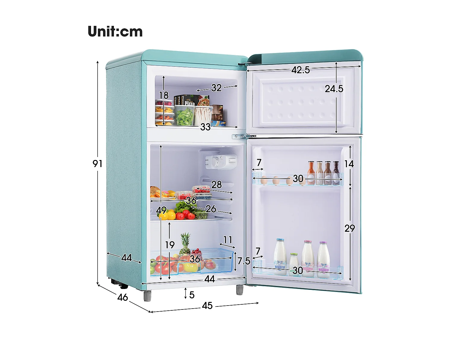 Réfrigérateur rétro 46x45x91 cm, double porte avec compartiment congélateur, étagères réglables, fer et plastique cyan