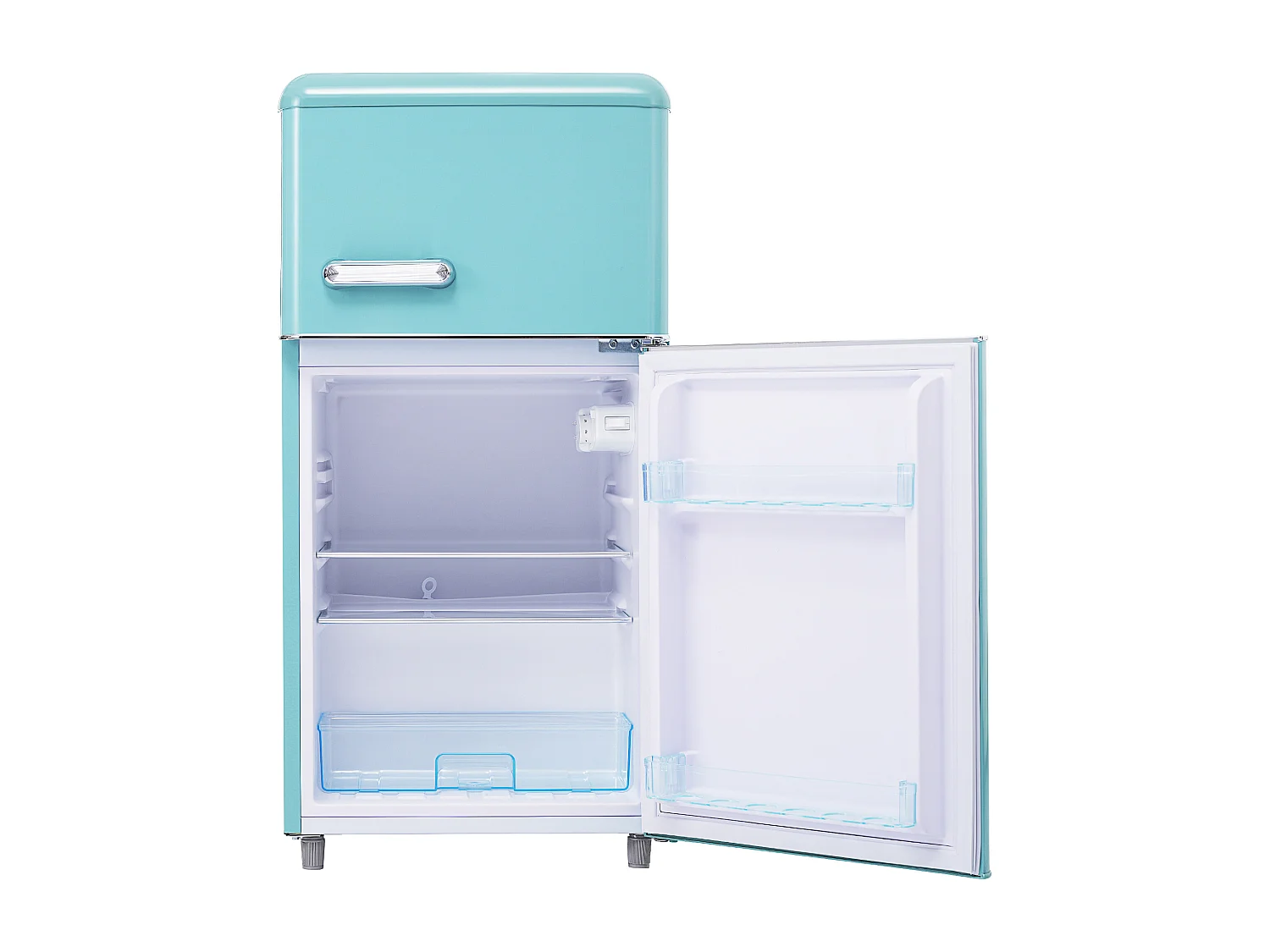 Réfrigérateur rétro 46x45x91 cm, double porte avec compartiment congélateur, étagères réglables, fer et plastique cyan