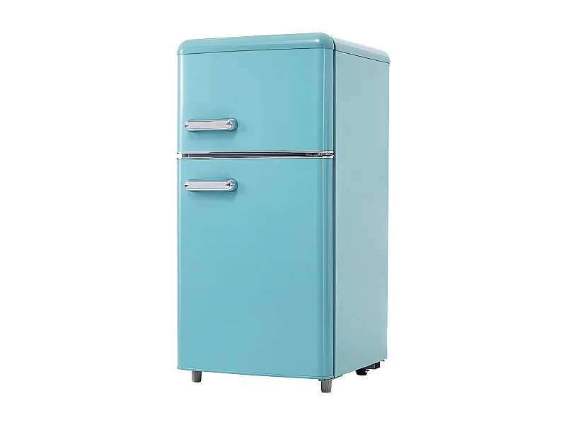 Réfrigérateur rétro 46x45x91 cm, double porte avec compartiment congélateur, étagères réglables, fer et plastique cyan