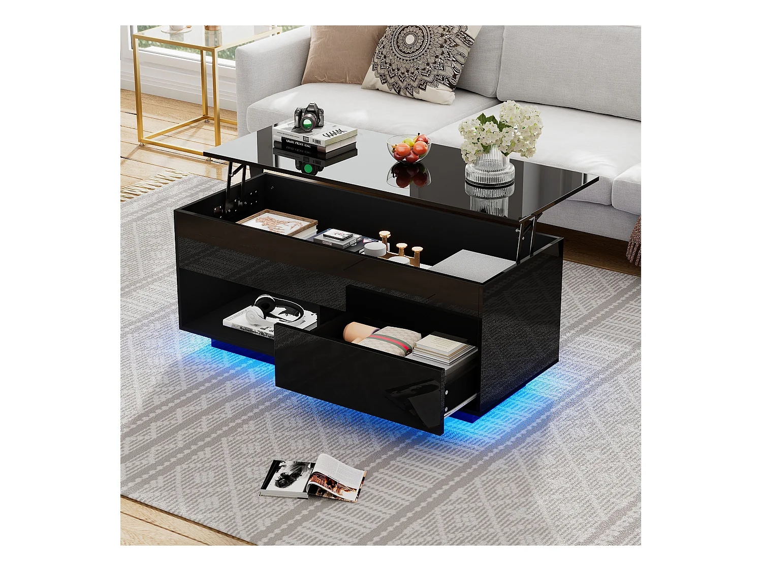 Salontafel 100x50x55cm LED Hydraulisch Hefsysteem Meerlaagse Opbergruimte Zwart voor Woonkamer