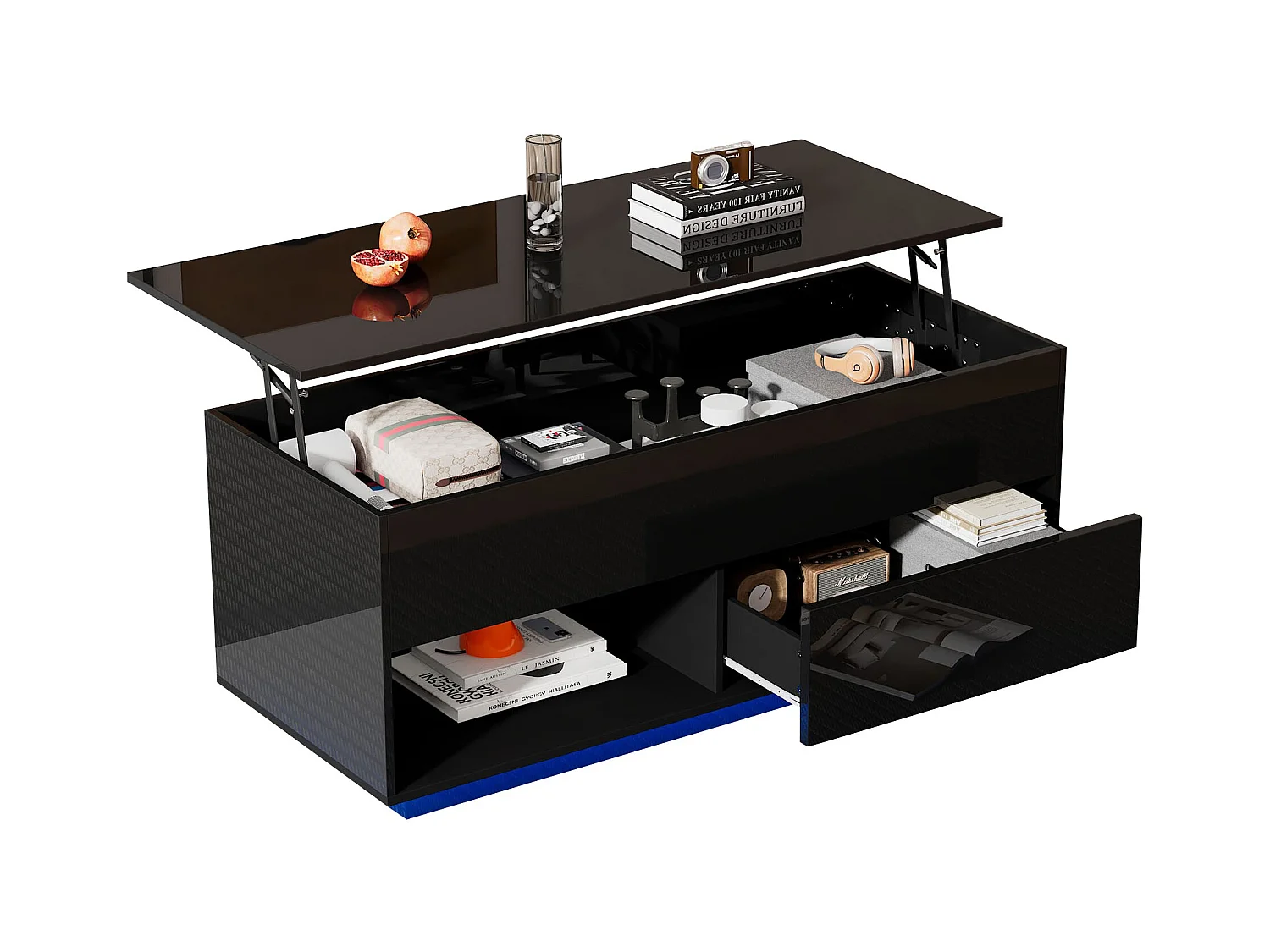 Salontafel 100x50x55cm LED Hydraulisch Hefsysteem Meerlaagse Opbergruimte Zwart voor Woonkamer