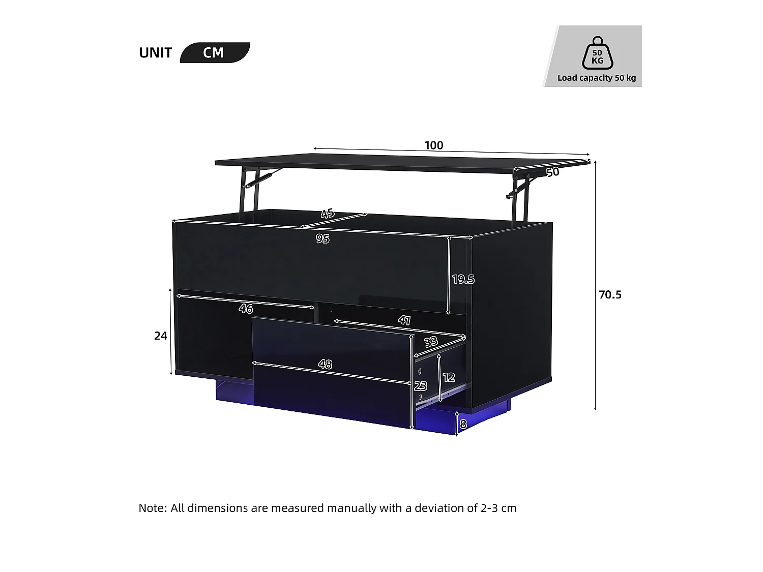 Salontafel 100x50x55cm LED Hydraulisch Hefsysteem Meerlaagse Opbergruimte Zwart voor Woonkamer