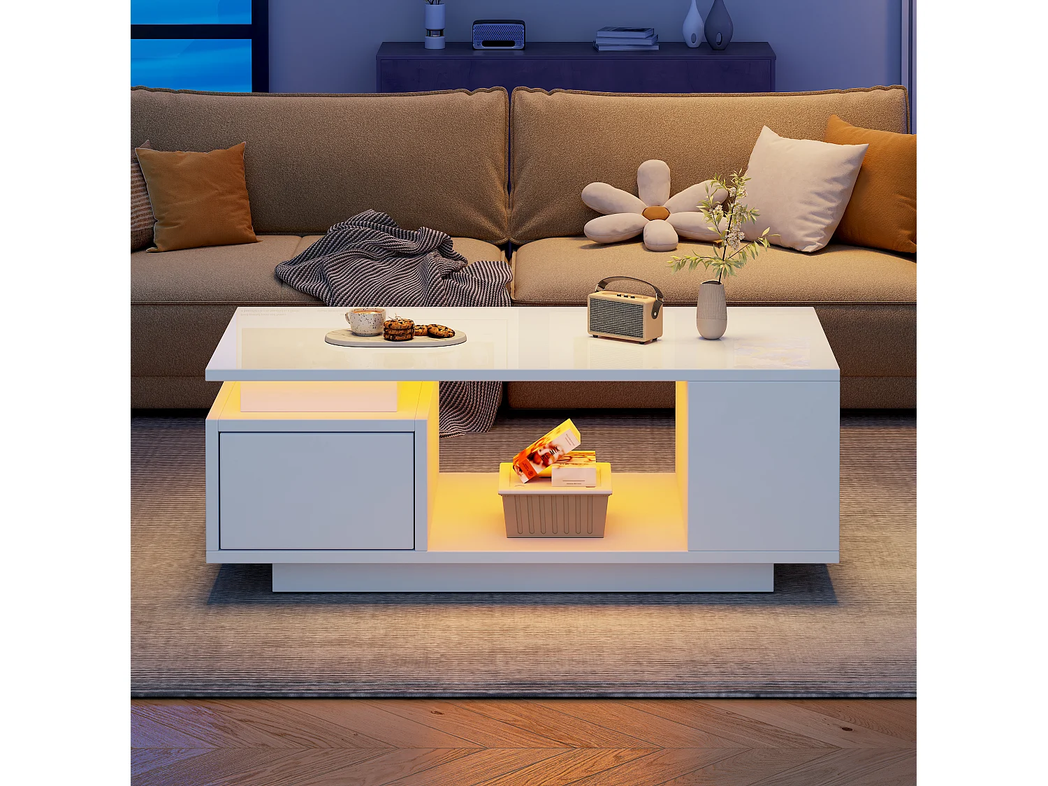Salontafel LED 100x50x36 cm met lade en zijvakken, modern van spaanplaat, wit