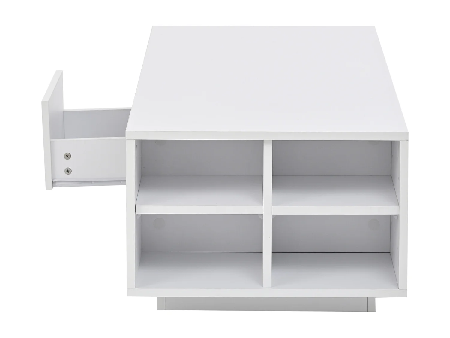 Table basse 100x50x36 cm, LED, 1 tiroir, 4 compartiments latéraux, finition brillante, panneaux de particules, blanc