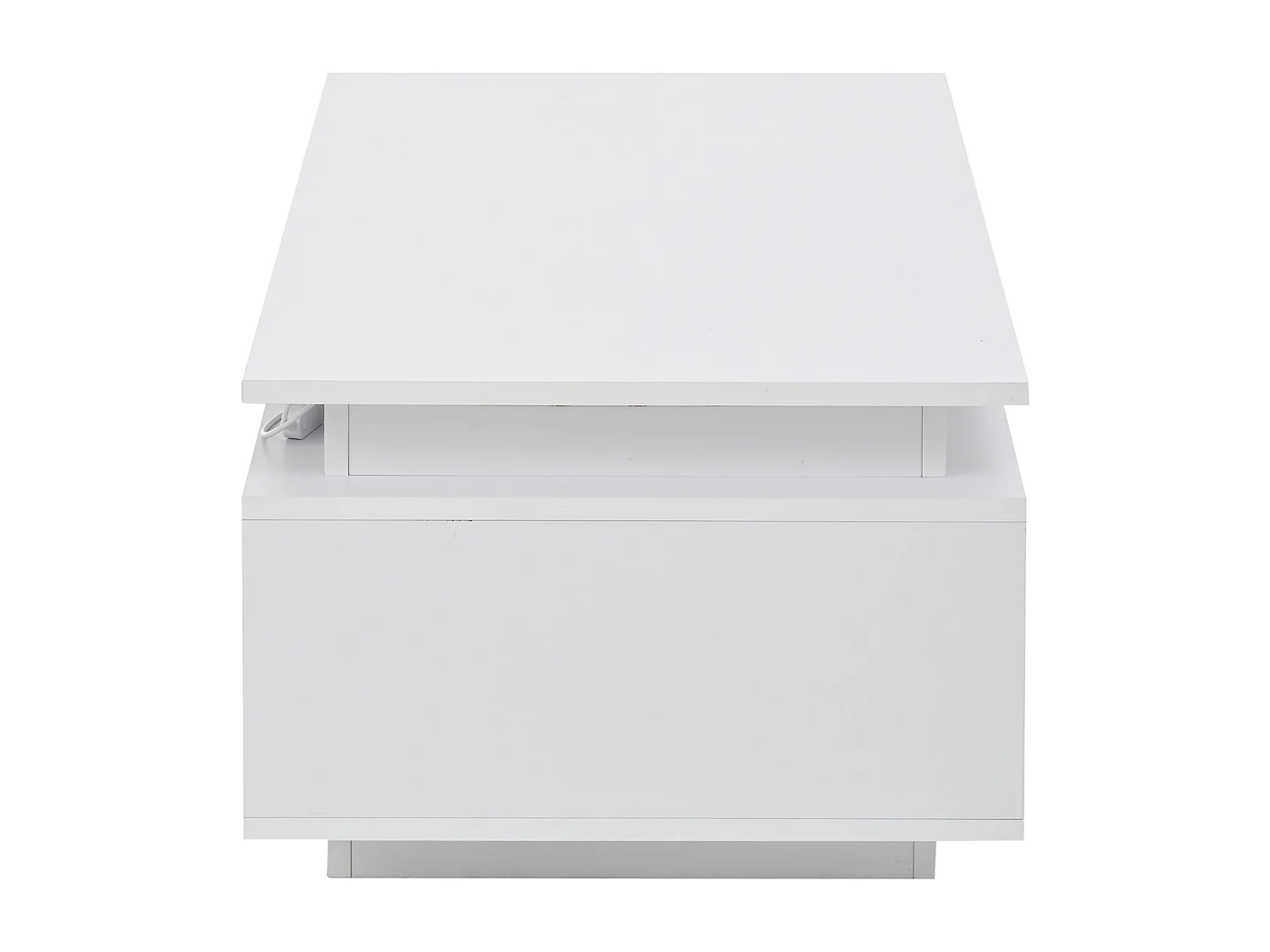 Table basse 100x50x36 cm, LED, 1 tiroir, 4 compartiments latéraux, finition brillante, panneaux de particules, blanc