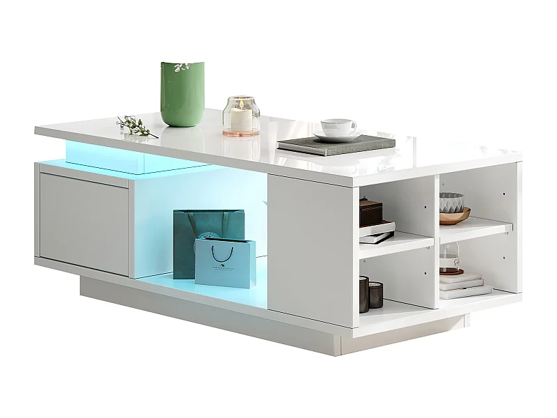 Table basse 100x50x36 cm, LED, 1 tiroir, 4 compartiments latéraux, finition brillante, panneaux de particules, blanc