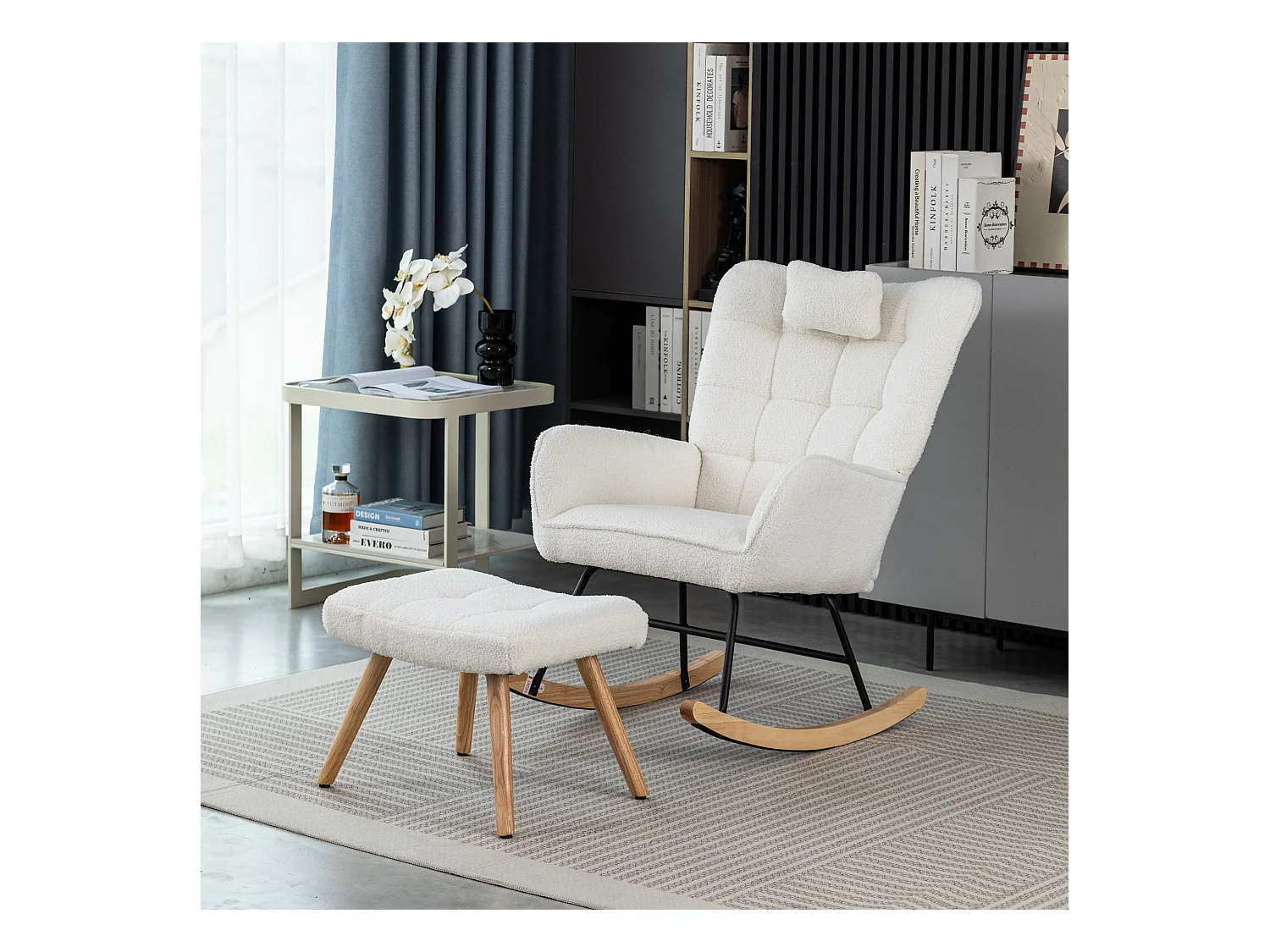 Fauteuil à bascule avec coussin repose-pieds pieds caoutchouc blanc