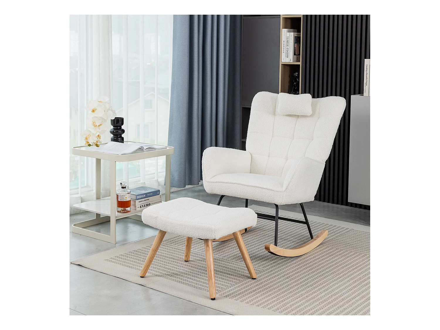 Fauteuil à bascule avec coussin repose-pieds pieds caoutchouc blanc
