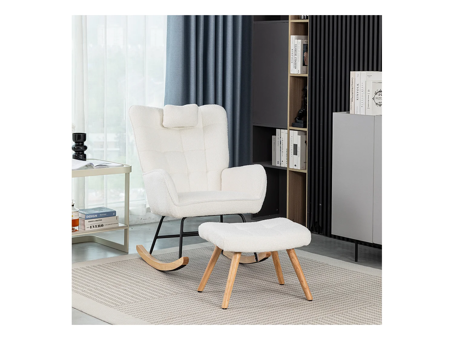 Fauteuil à bascule avec coussin repose-pieds pieds caoutchouc blanc