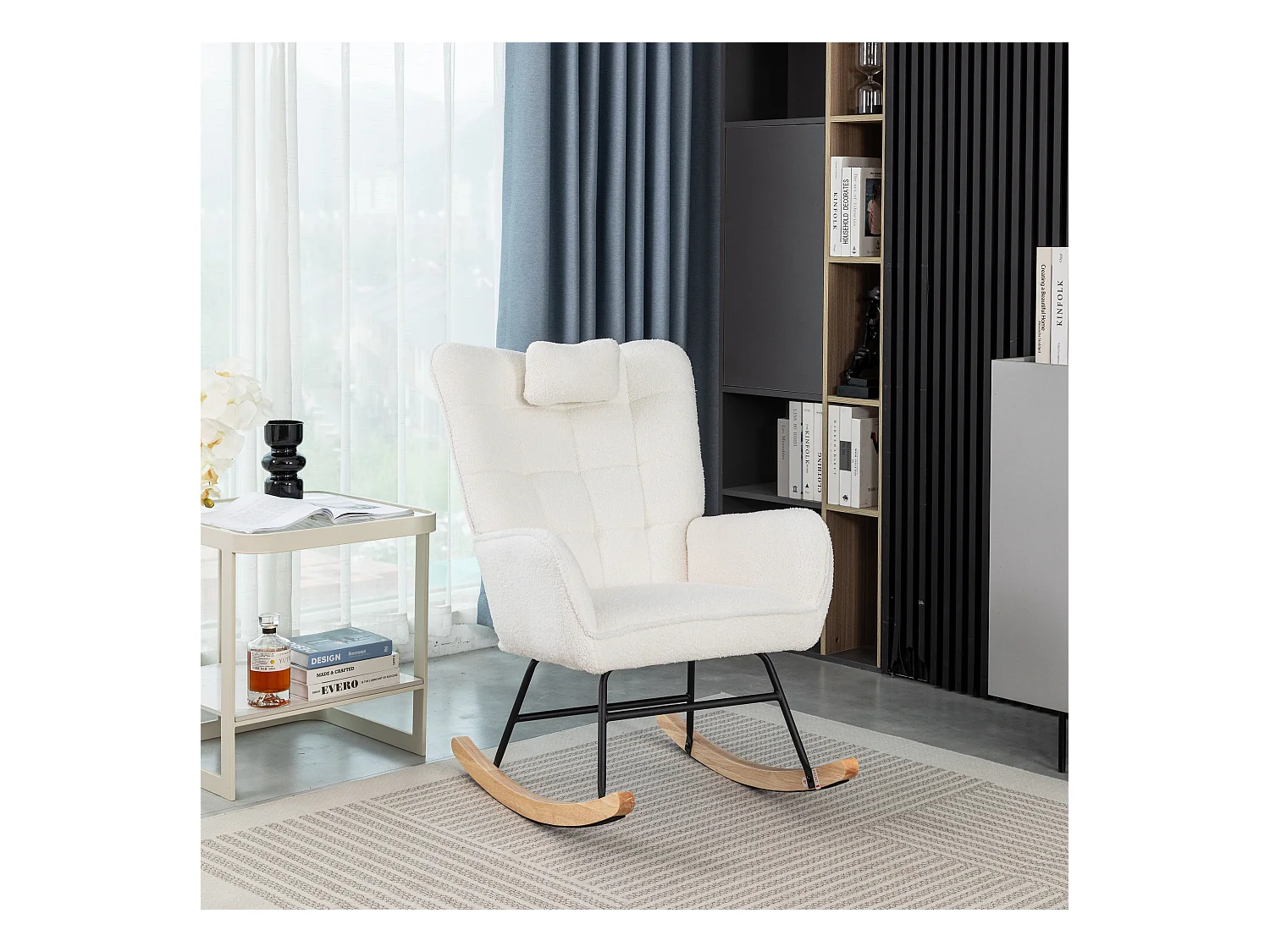 Fauteuil à bascule avec coussin repose-pieds pieds caoutchouc blanc