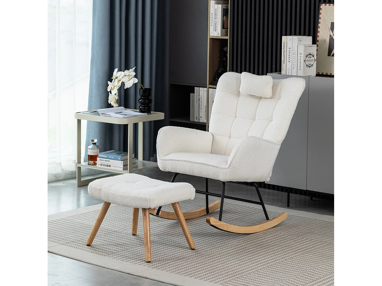 Fauteuil à bascule avec coussin repose-pieds pieds caoutchouc blanc