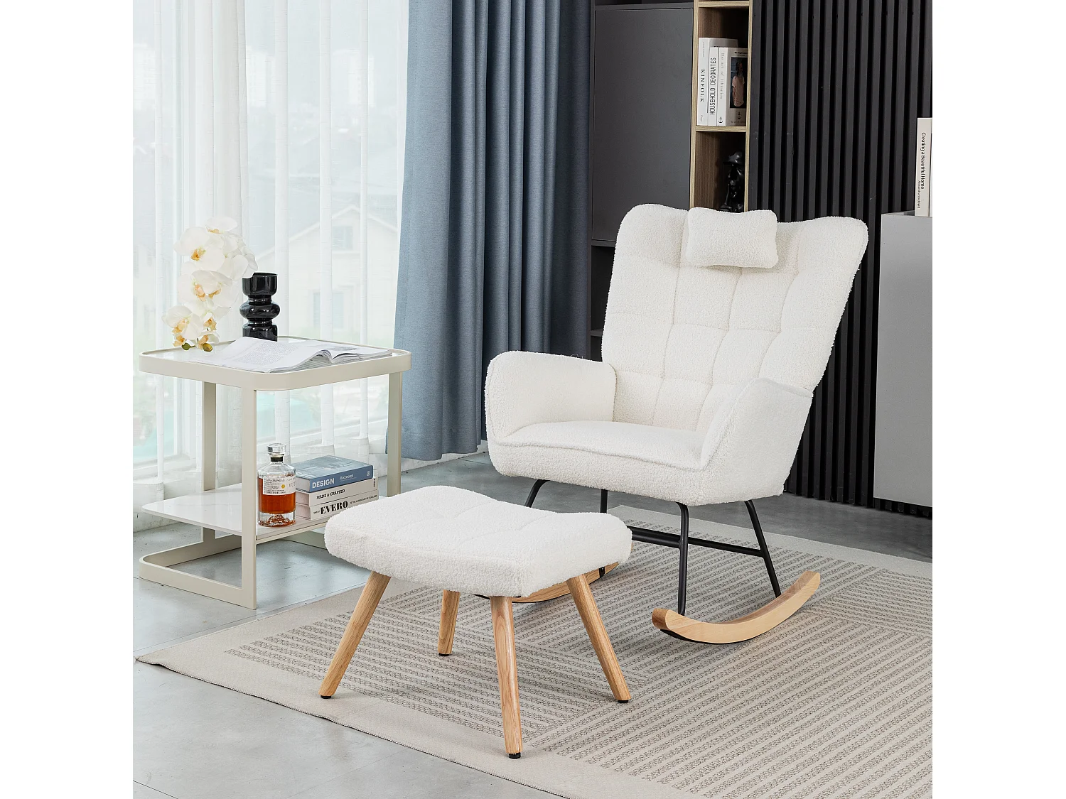 Fauteuil à bascule avec coussin repose-pieds pieds caoutchouc blanc