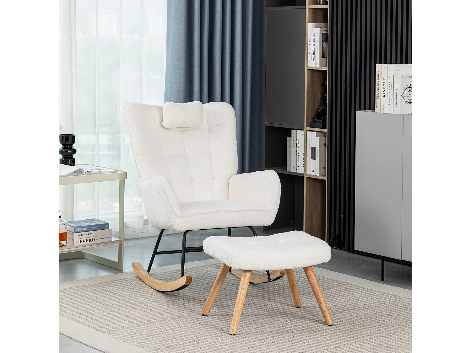 Fauteuil à bascule avec coussin repose-pieds pieds caoutchouc blanc