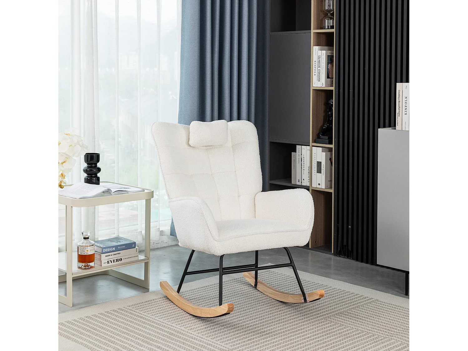 Fauteuil à bascule avec coussin repose-pieds pieds caoutchouc blanc