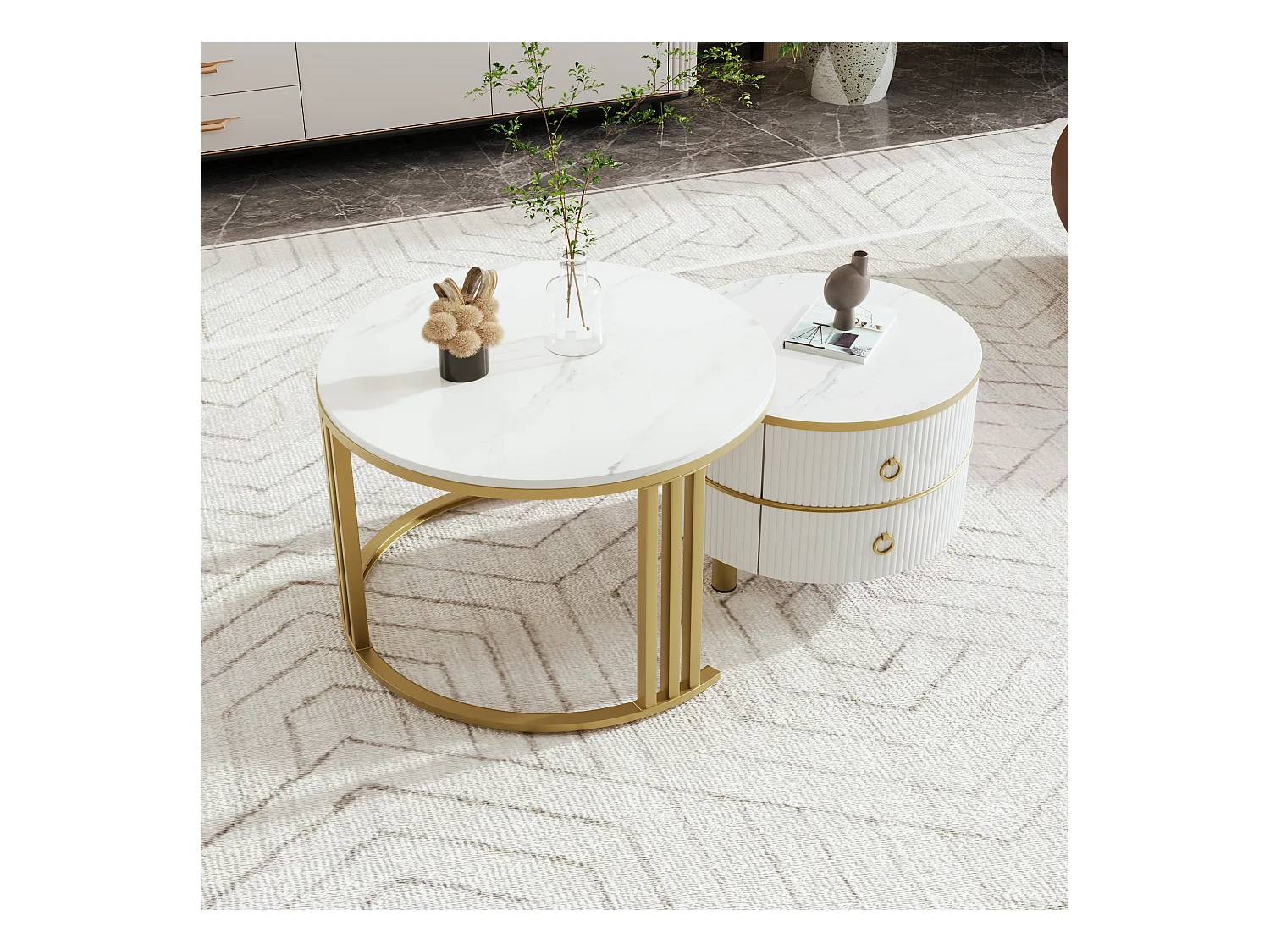 Set van twee tafels 70x70x46cm met ronde vorm twee laden twee werkbladen en opslagruimte brengen Materiaal MDF en Wit