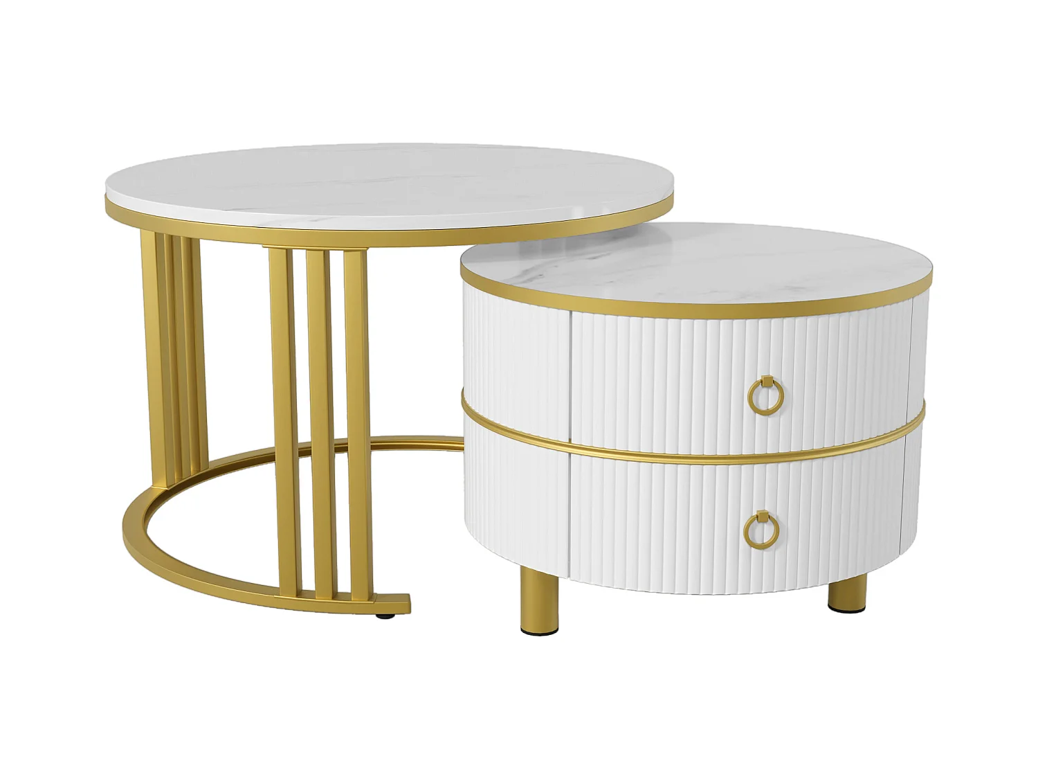 Set van twee tafels 70x70x46cm met ronde vorm twee laden twee werkbladen en opslagruimte brengen Materiaal MDF en Wit