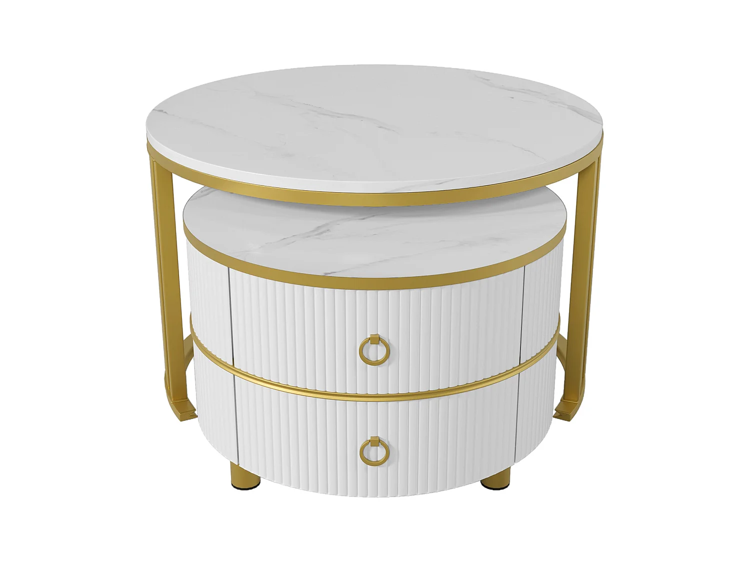 Set van twee tafels 70x70x46cm met ronde vorm twee laden twee werkbladen en opslagruimte brengen Materiaal MDF en Wit