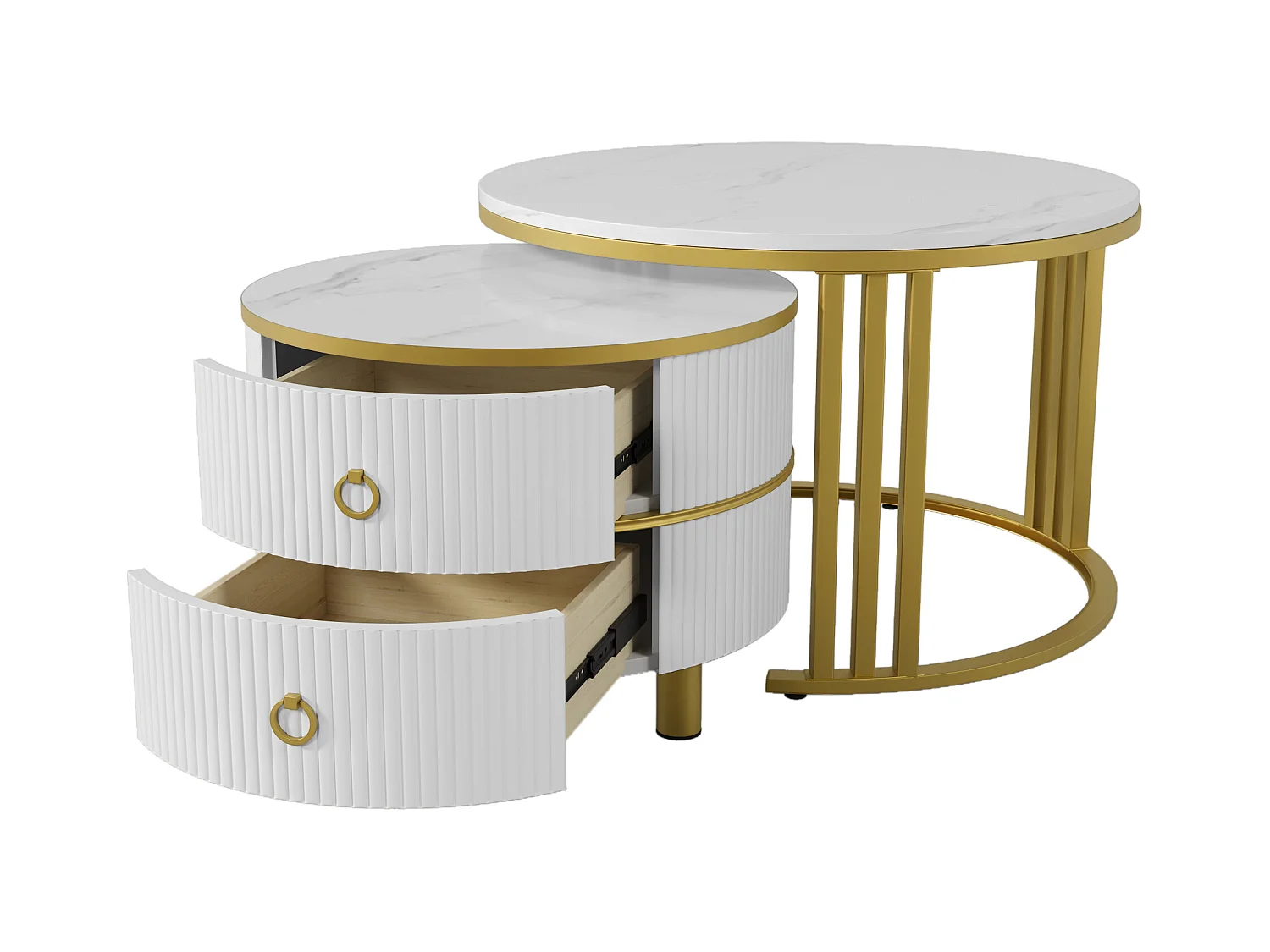 Set van twee tafels 70x70x46cm met ronde vorm twee laden twee werkbladen en opslagruimte brengen Materiaal MDF en Wit