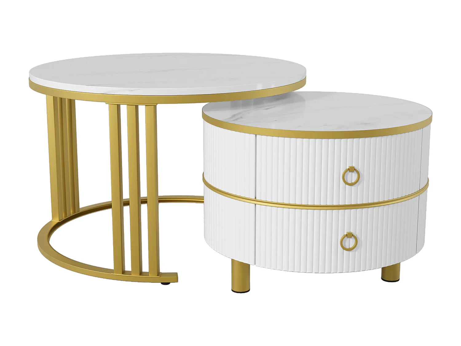 Lot de 2 tables basses 70x70x46cm Avec deux tiroirs, deux surfaces et espace de rangement Matériel MDF Blanc pour salon