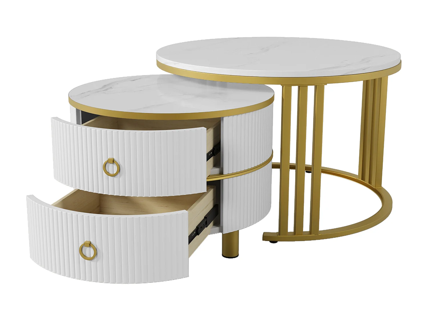 Lot de 2 tables basses 70x70x46cm Avec deux tiroirs, deux surfaces et espace de rangement Matériel MDF Blanc pour salon