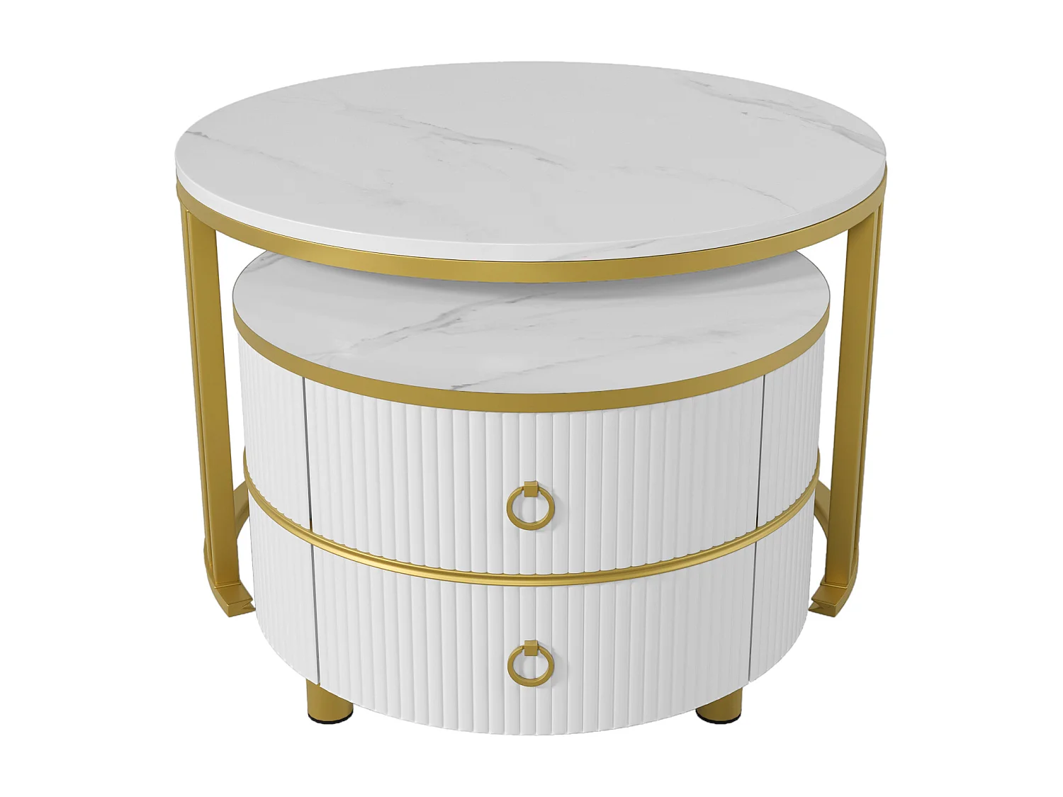 Set van 2 ronde salontafels 70x70x46 cm, ruimtebesparend nestbaar, 2 laden, wit MDF