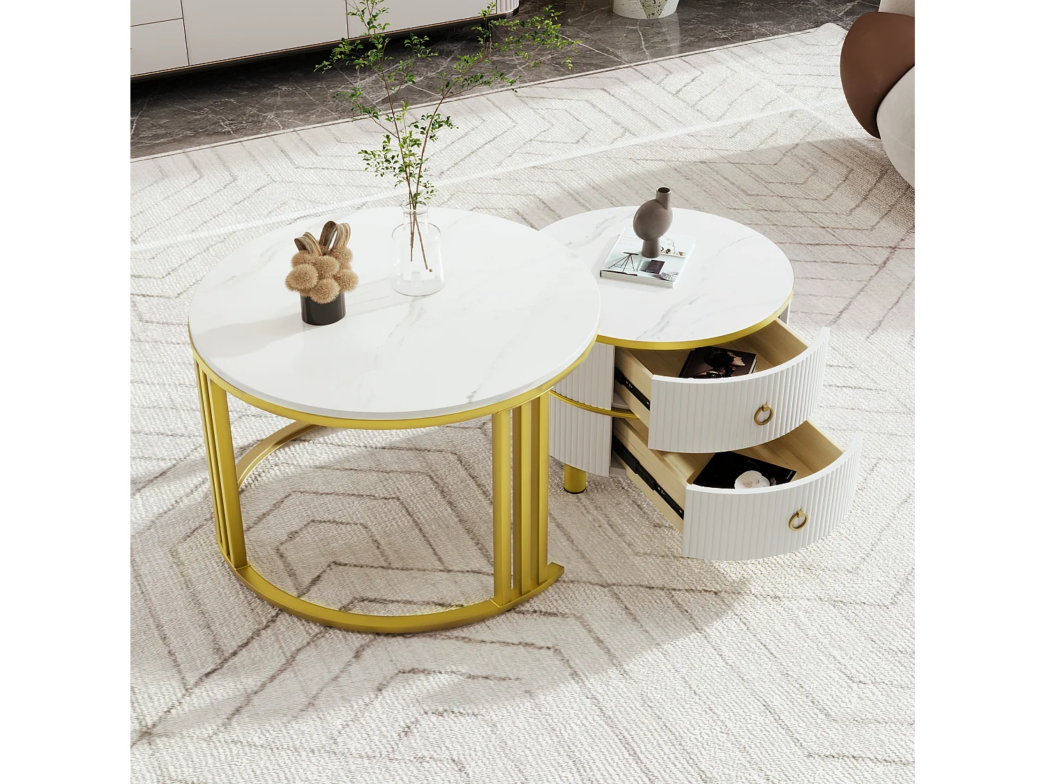 Set van 2 ronde salontafels 70x70x46 cm, ruimtebesparend nestbaar, 2 laden, wit MDF