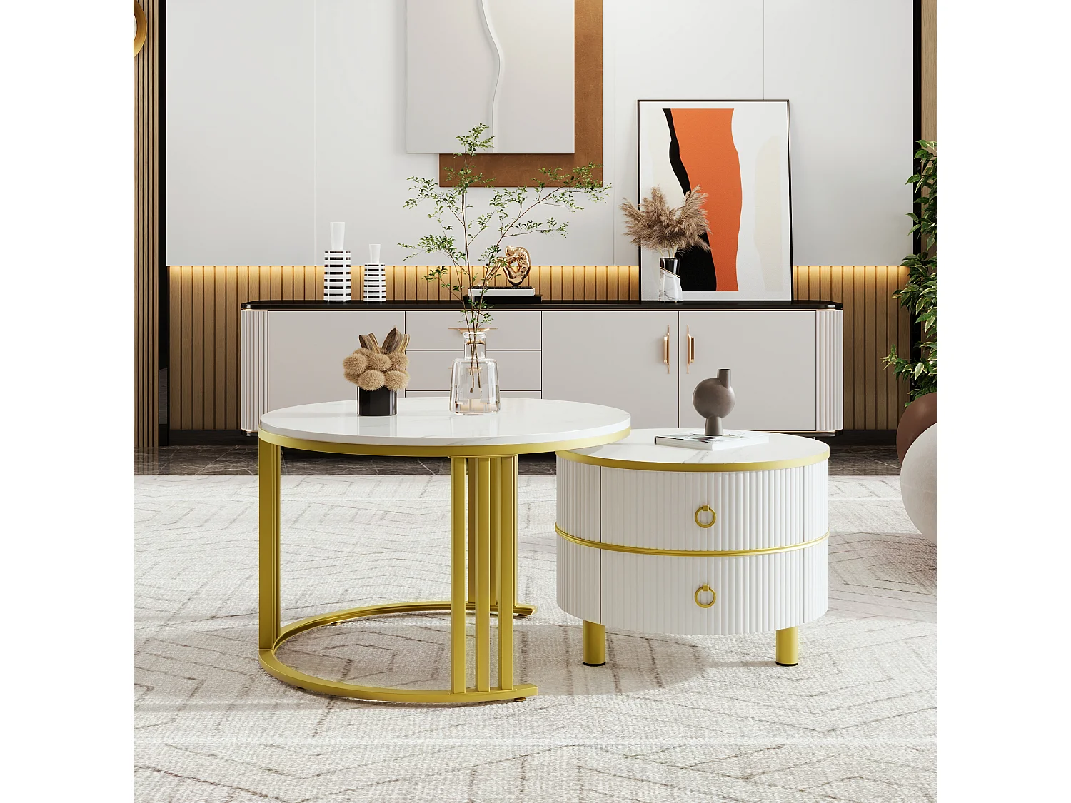 Set van 2 ronde salontafels 70x70x46 cm, ruimtebesparend nestbaar, 2 laden, wit MDF