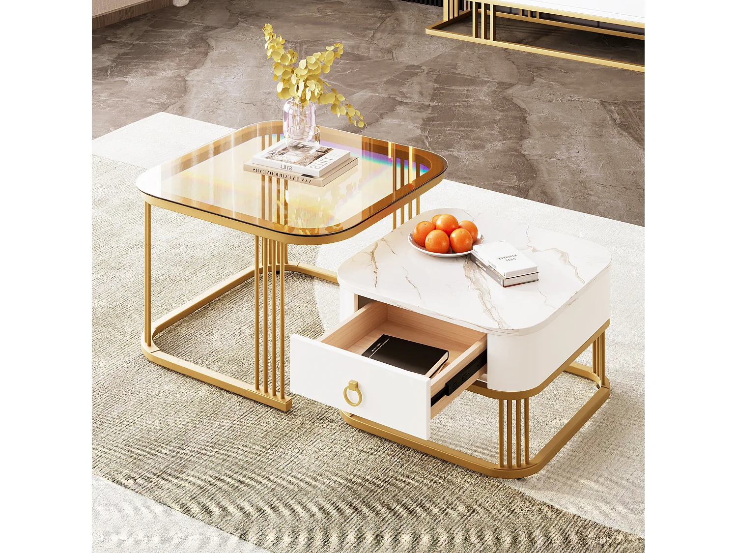 Lot de 2 tables basses 60x60x42.5 cm avec de grandes et petites tables et tiroirs Matériau MDF en blanc et marron pour salon